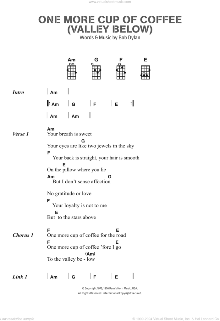 One More Cup Of Coffee (Valley Below) sheet music for ukulele (chords) by Bob Dylan, intermediate skill level