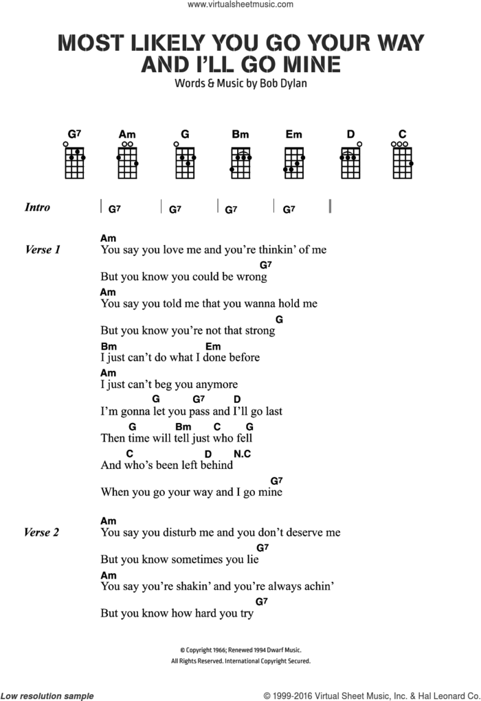 Most Likely You Go Your Way (And I'll Go Mine) sheet music for voice, piano or guitar by Bob Dylan, intermediate skill level