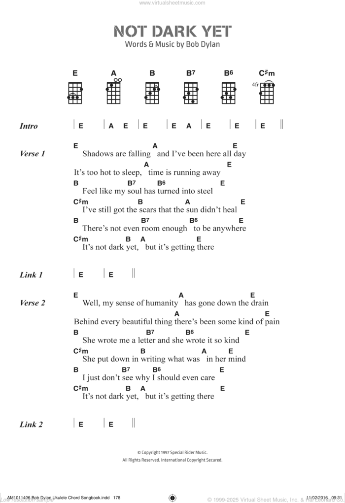 Not Dark Yet sheet music for voice, piano or guitar by Bob Dylan, intermediate skill level