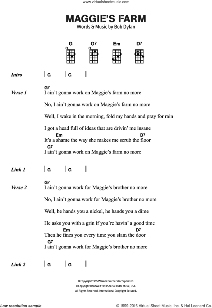 Maggie's Farm sheet music for voice, piano or guitar by Bob Dylan, intermediate skill level
