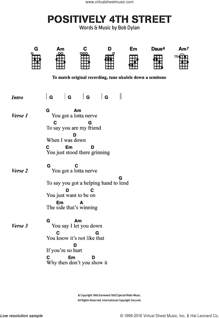 Positively 4th Street sheet music for ukulele (chords) by Bob Dylan and Cat Stevens, intermediate skill level