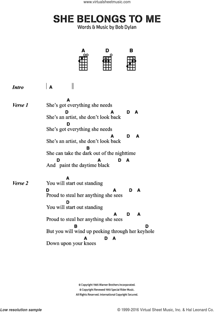 She Belongs To Me sheet music for ukulele (chords) by Bob Dylan, intermediate skill level