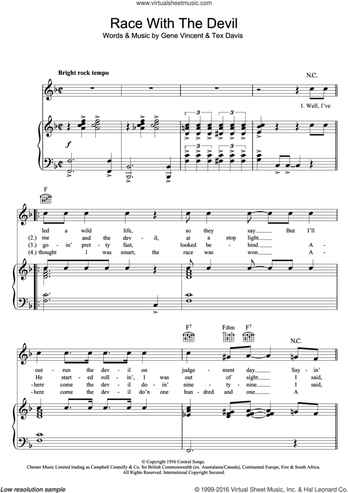 Race With The Devil sheet music for voice, piano or guitar by Gene Vincent and Tex Davis, intermediate skill level