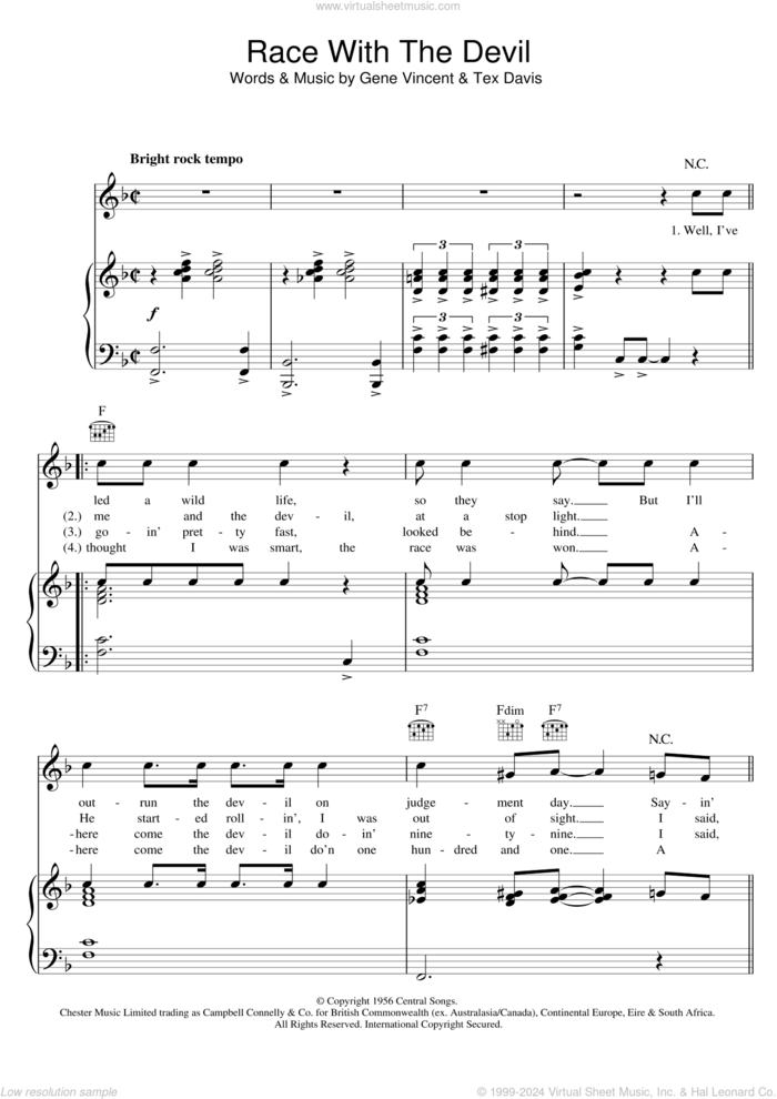 Race With The Devil sheet music for voice, piano or guitar by Gene Vincent and Tex Davis, intermediate skill level