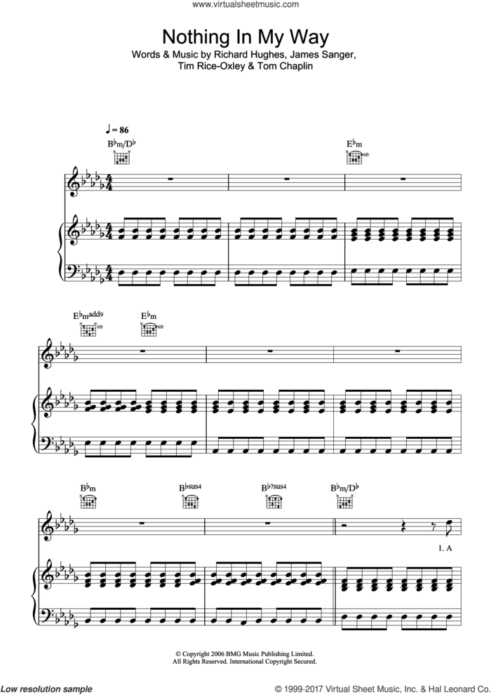 Nothing In My Way sheet music for voice, piano or guitar by Tim Rice-Oxley, James Sanger, Richard Hughes and Tom Chaplin, intermediate skill level
