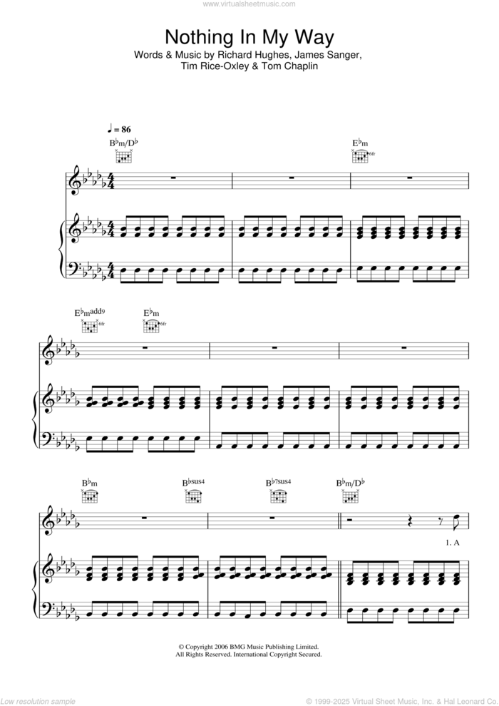 Nothing In My Way sheet music for voice, piano or guitar by Tim Rice-Oxley, James Sanger, Richard Hughes and Tom Chaplin, intermediate skill level