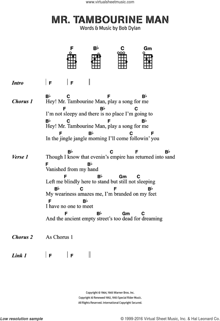 Mr. Tambourine Man sheet music for ukulele (chords) by Bob Dylan and The Byrds, intermediate skill level