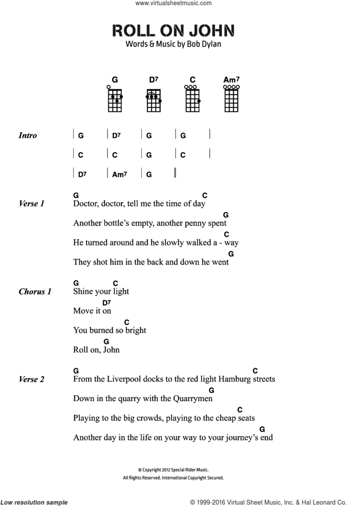 Roll On John sheet music for voice, piano or guitar by Bob Dylan, intermediate skill level