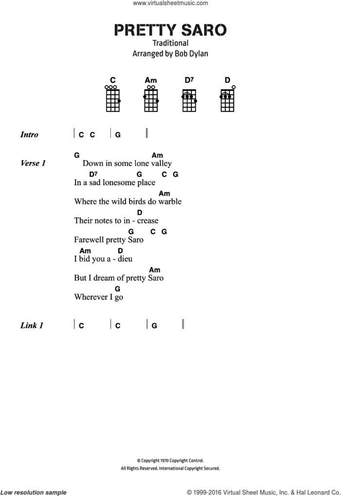 Pretty Saro sheet music for voice, piano or guitar by Bob Dylan and Miscellaneous, intermediate skill level