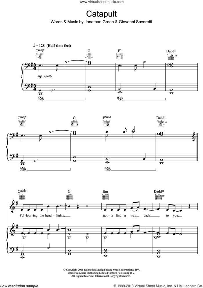 Catapult sheet music for voice, piano or guitar by Jonathan Green, Jack Savoretti and Giovanni Savoretti, intermediate skill level