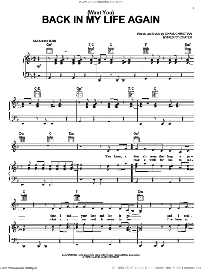 (Want You) Back In My Life Again sheet music for voice, piano or guitar by Carpenters, Chris Christian and Kerry Chater, intermediate skill level