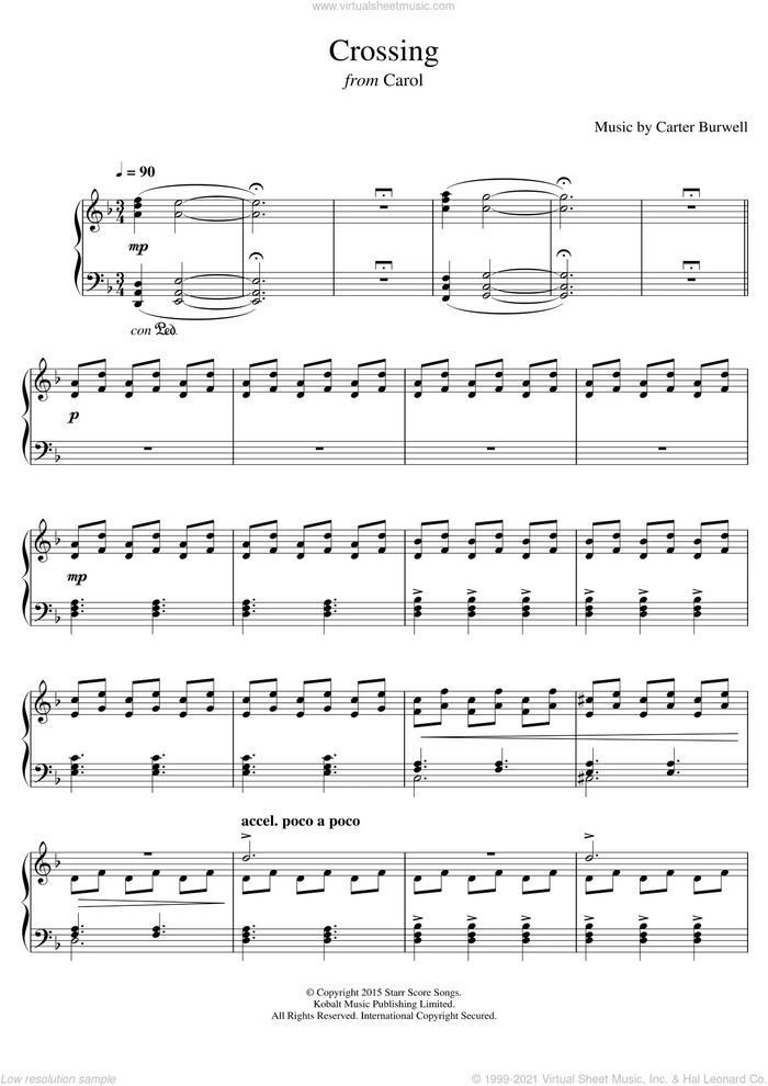 Crossing (from 'Carol') sheet music for piano solo by Carter Burwell, intermediate skill level