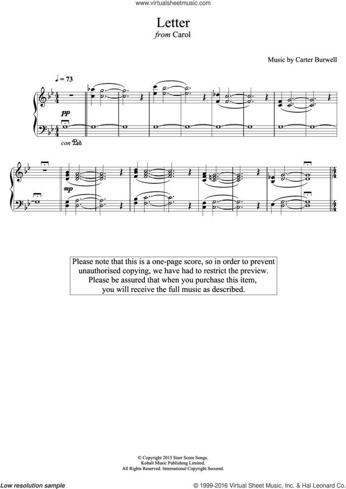 The Letter (from 'Carol') sheet music for piano solo by Carter Burwell, intermediate skill level