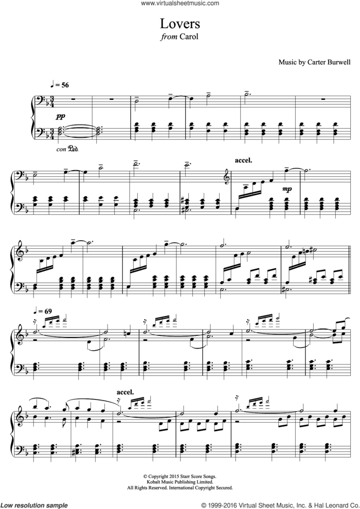 Lovers (from 'Carol') sheet music for piano solo by Carter Burwell, intermediate skill level
