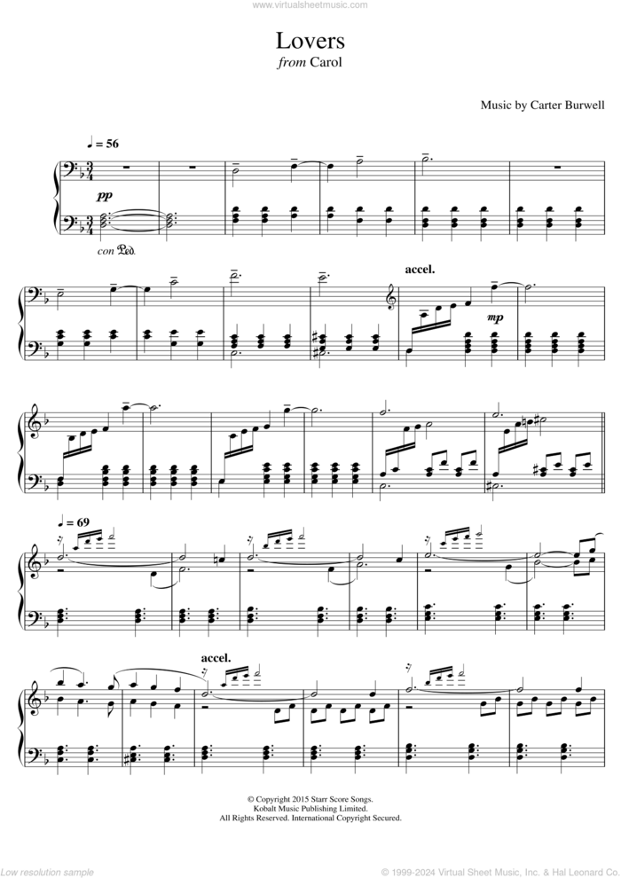 Lovers (from 'Carol') sheet music for piano solo by Carter Burwell, intermediate skill level