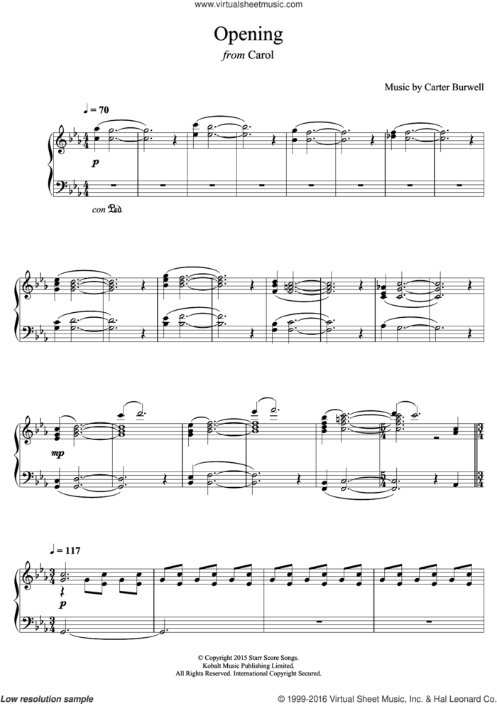 Opening (from 'Carol') sheet music for piano solo by Carter Burwell, intermediate skill level