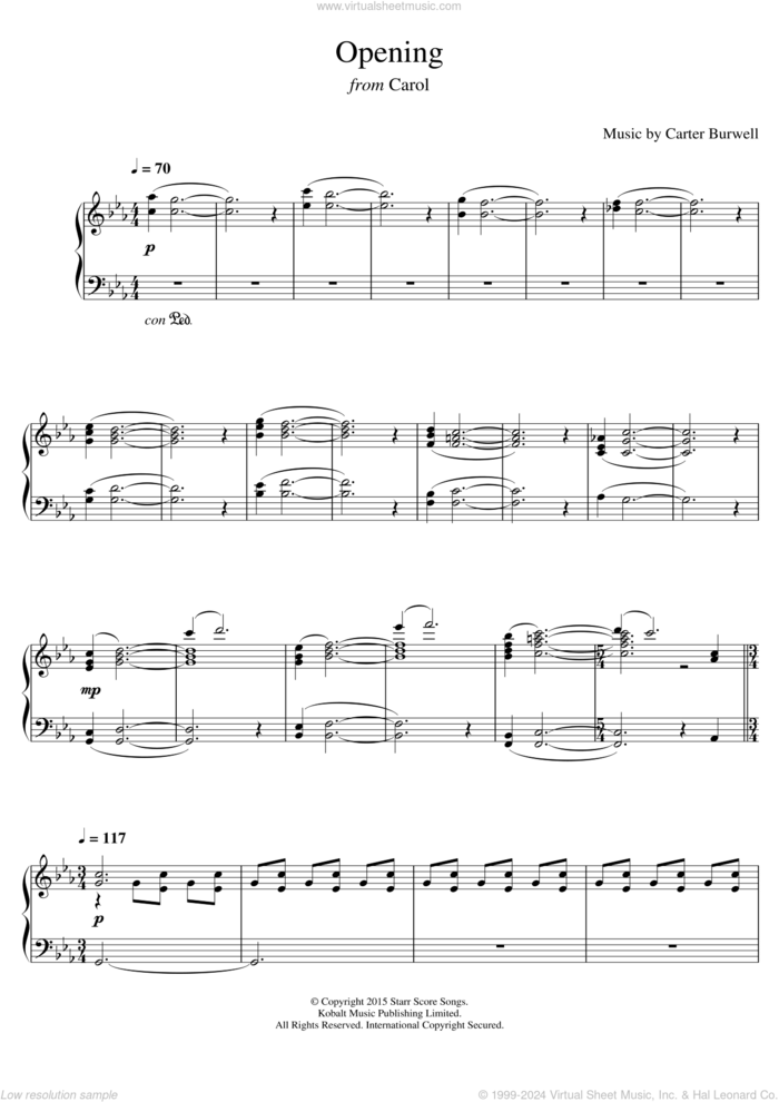 Opening (from 'Carol') sheet music for piano solo by Carter Burwell, intermediate skill level