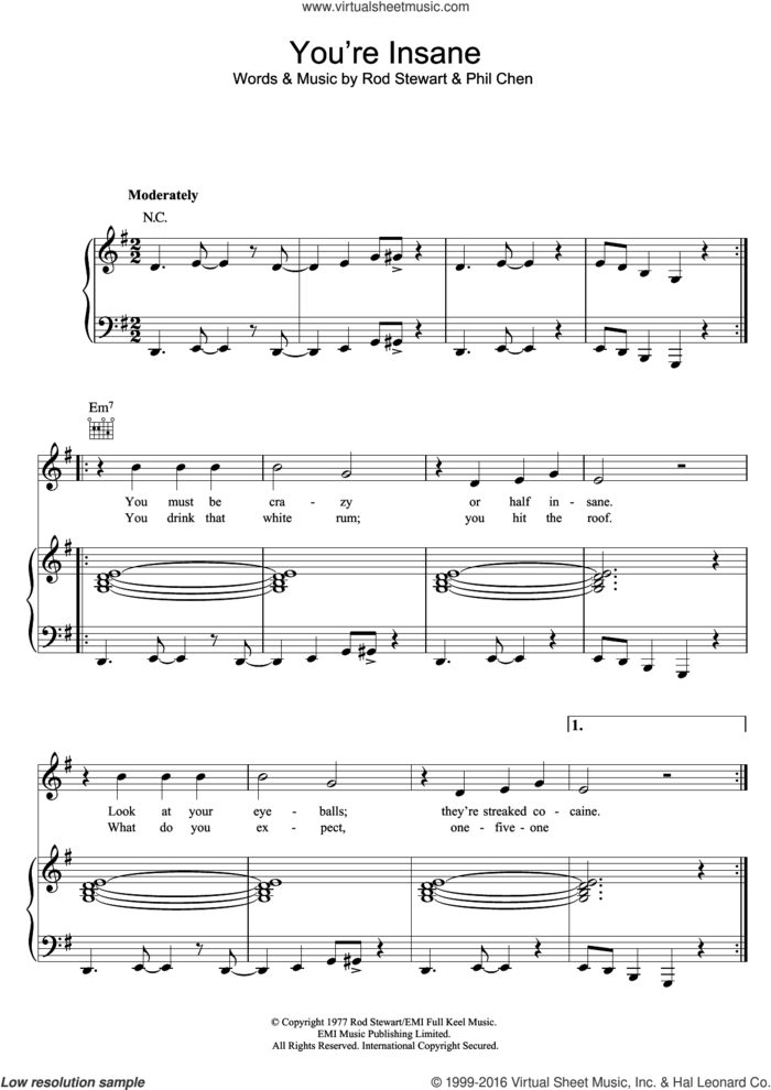 You're Insane sheet music for voice, piano or guitar by Rod Stewart and Phil Chen, intermediate skill level