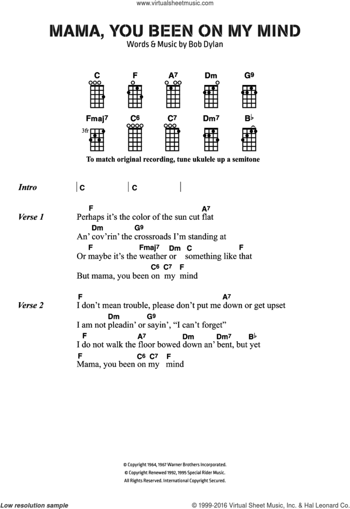 Mama, You Been On My Mind sheet music for ukulele (chords) by Bob Dylan, intermediate skill level