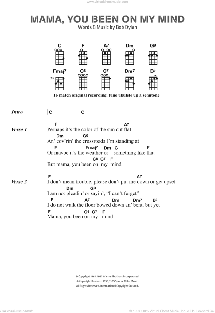 Mama, You Been On My Mind sheet music for ukulele (chords) by Bob Dylan, intermediate skill level