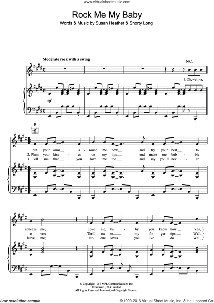 Rock Me My Baby sheet music for voice, piano or guitar by Buddy Holly, Shorty Long and Susan Heather, intermediate skill level