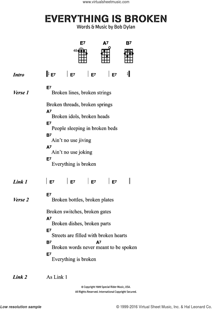 Everything Is Broken sheet music for voice, piano or guitar by Bob Dylan, intermediate skill level