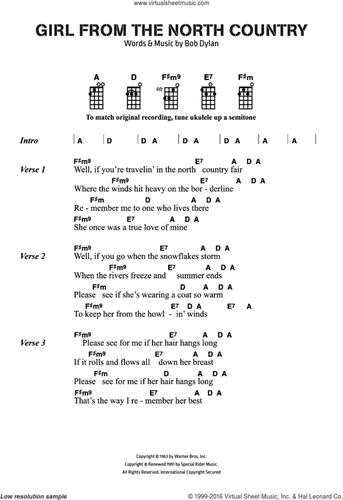 Girl From The North Country sheet music for voice, piano or guitar by Bob Dylan, Bob & Cash, Johnny Dylan and Johnny Cash, intermediate skill level