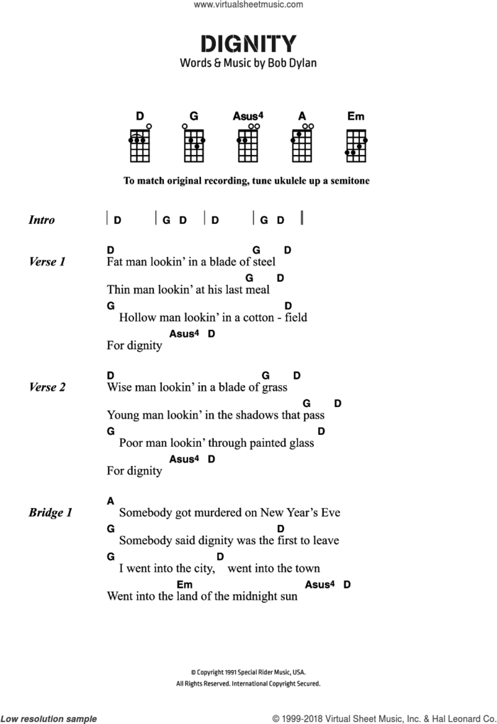 Dignity sheet music for ukulele (chords) by Bob Dylan, intermediate skill level
