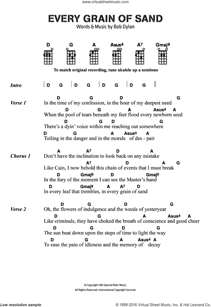 Every Grain Of Sand sheet music for ukulele (chords) by Bob Dylan, intermediate skill level