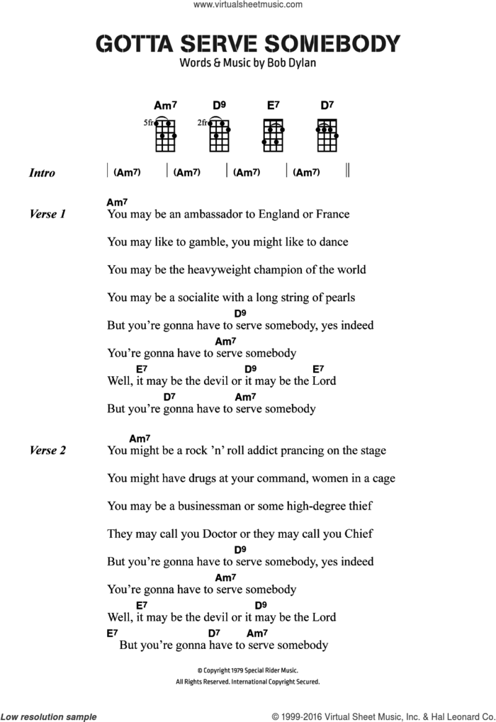 Gotta Serve Somebody sheet music for ukulele (chords) by Bob Dylan, intermediate skill level