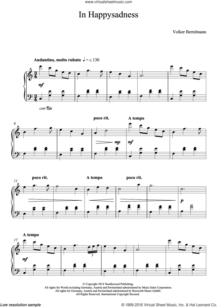 In Happysadness sheet music for piano solo by Hauschka and Volker Bertelmann, classical score, intermediate skill level