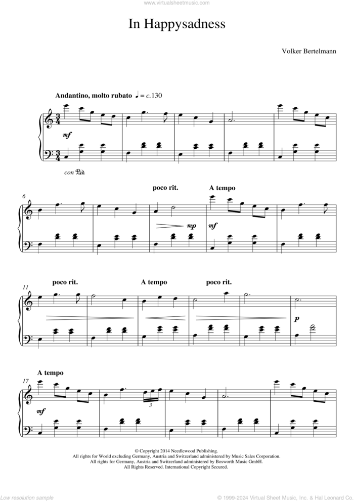 In Happysadness sheet music for piano solo by Hauschka and Volker Bertelmann, classical score, intermediate skill level