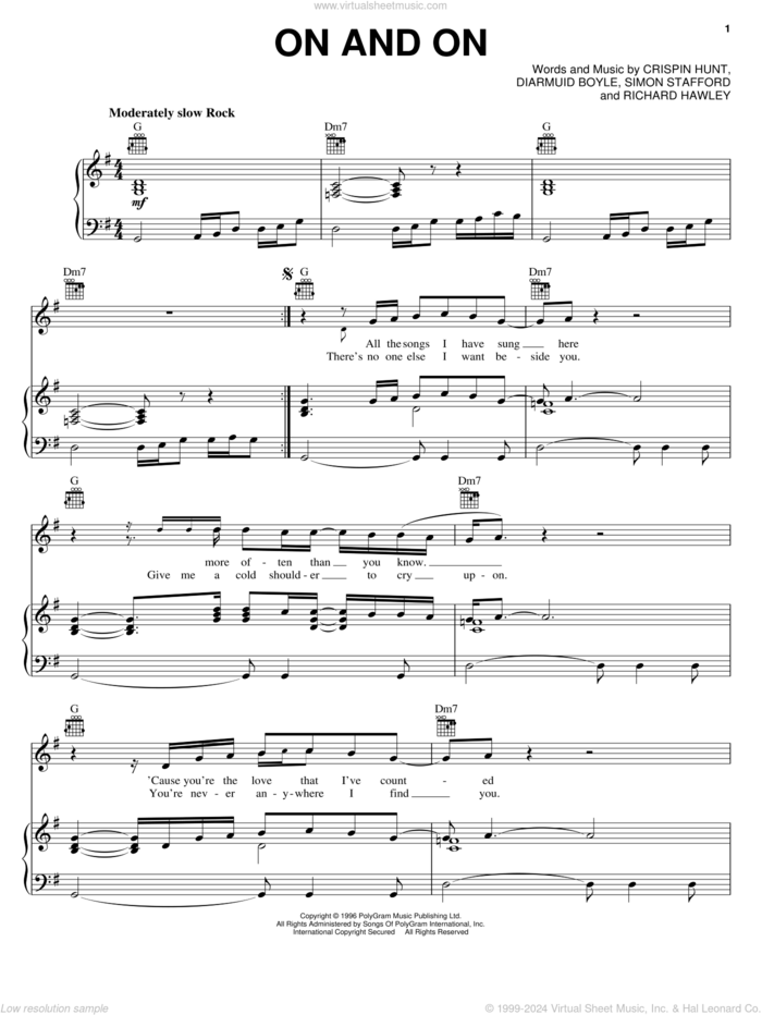 On And On sheet music for voice, piano or guitar by Longpigs, Crispin Hunt, Diarmuid Boyle, Richard Hawley and Simon Stafford, intermediate skill level