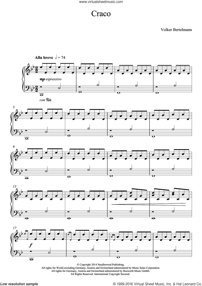 Craco sheet music for piano solo by Hauschka and Volker Bertelmann, classical score, intermediate skill level