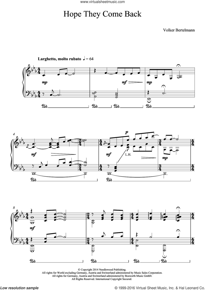 Hope They Come Back sheet music for piano solo by Hauschka and Volker Bertelmann, classical score, intermediate skill level