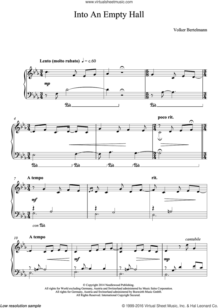 Into An Empty Hall sheet music for piano solo by Hauschka and Volker Bertelmann, classical score, intermediate skill level