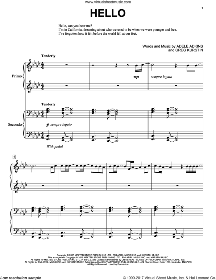 Hello sheet music for piano four hands by Adele, Eric Baumgartner, Adele Adkins and Greg Kurstin, intermediate skill level