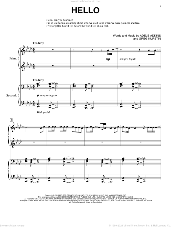 Hello sheet music for piano four hands by Adele, Eric Baumgartner, Adele Adkins and Greg Kurstin, intermediate skill level