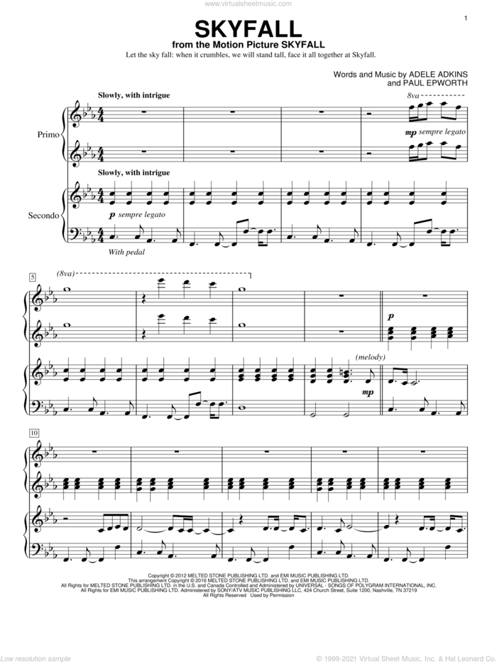 Skyfall sheet music for piano four hands by Adele, Eric Baumgartner, Adele Adkins and Paul Epworth, intermediate skill level