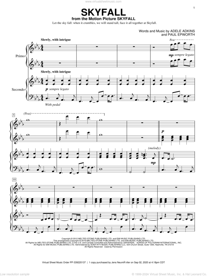 Skyfall sheet music for piano four hands by Adele, Eric Baumgartner, Adele Adkins and Paul Epworth, intermediate skill level