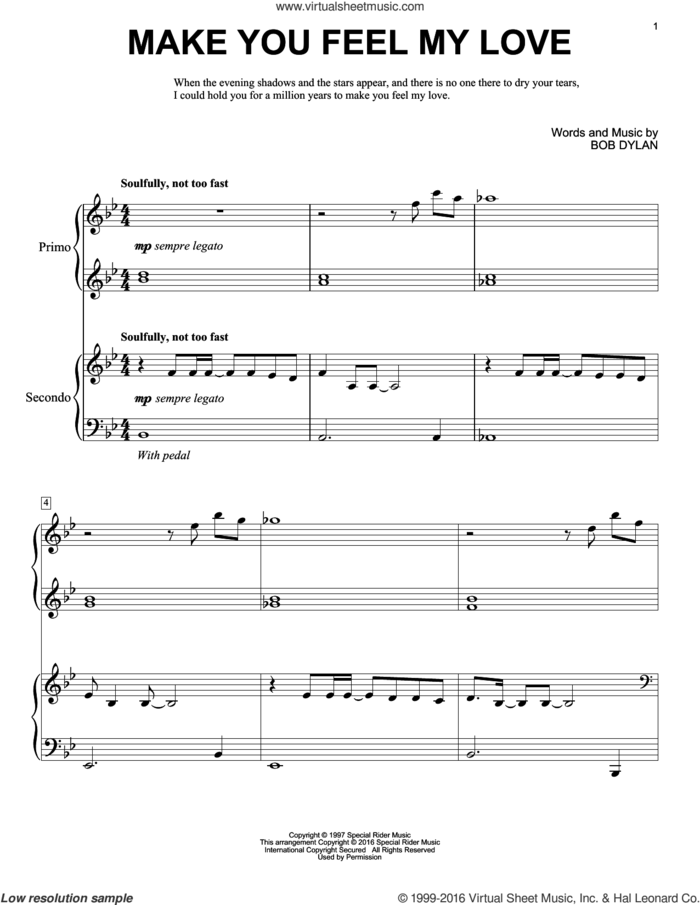 Make You Feel My Love sheet music for piano four hands by Adele, Eric Baumgartner and Bob Dylan, intermediate skill level