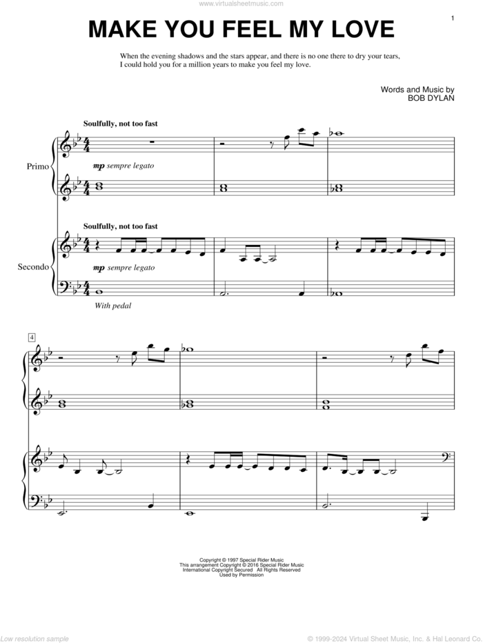 Make You Feel My Love sheet music for piano four hands by Adele, Eric Baumgartner and Bob Dylan, intermediate skill level