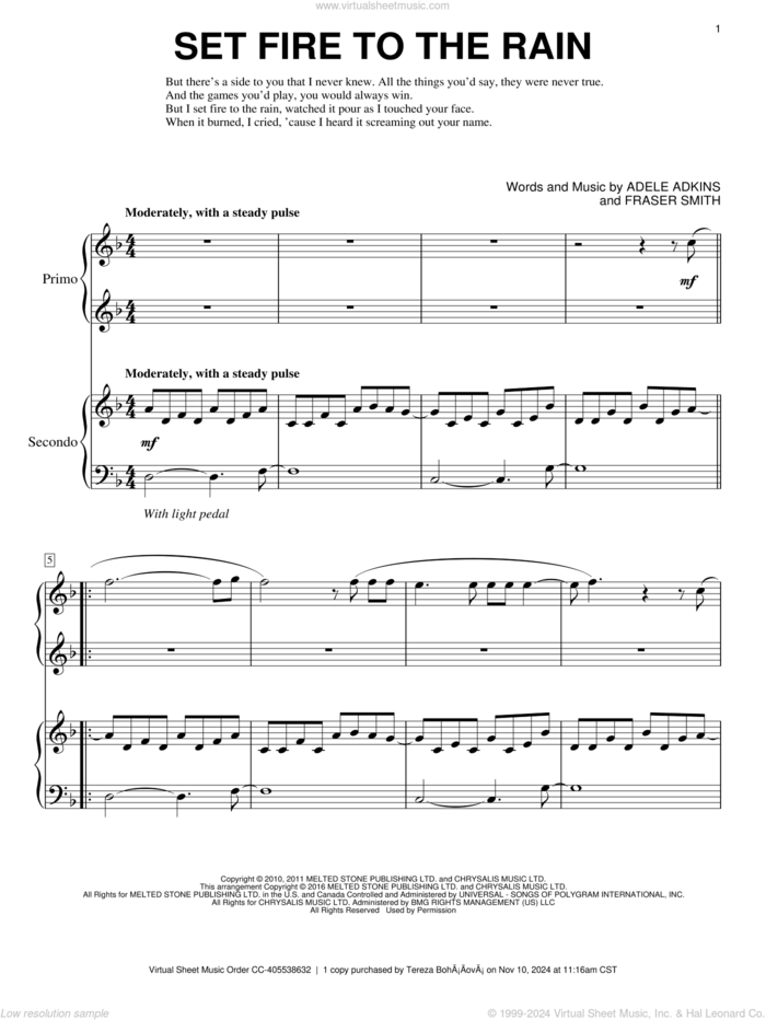 Set Fire To The Rain sheet music for piano four hands by Adele, Eric Baumgartner, Adele Adkins and Fraser T. Smith, intermediate skill level