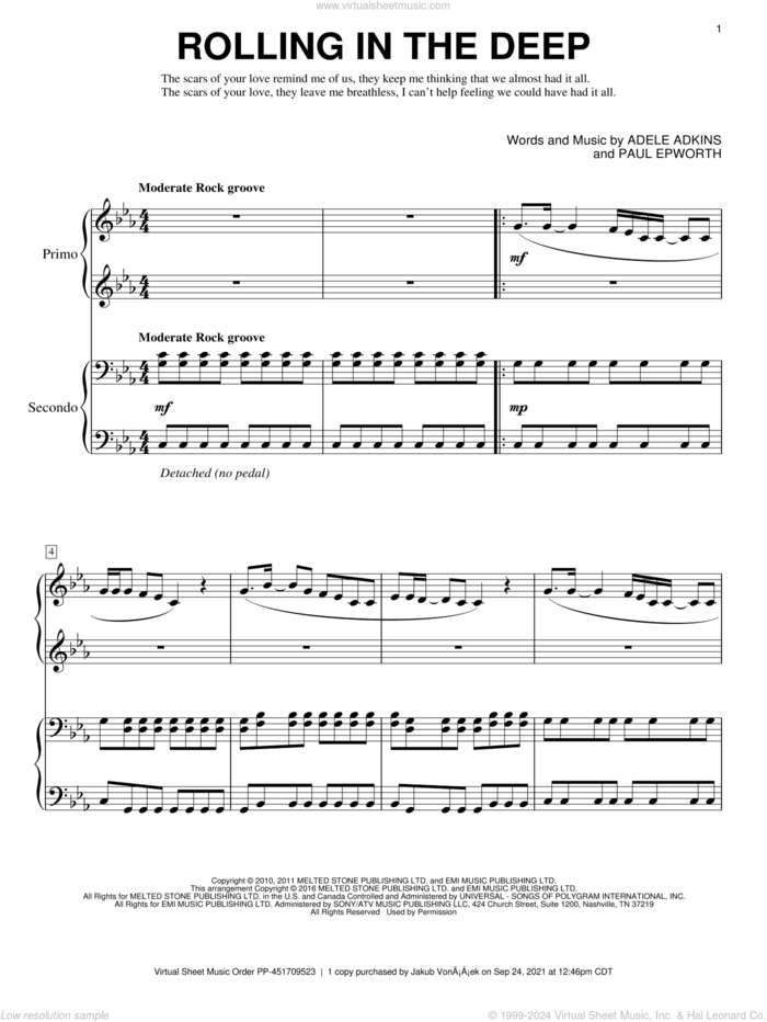 Rolling In The Deep sheet music for piano four hands by Adele, Eric Baumgartner, Adele Adkins and Paul Epworth, intermediate skill level