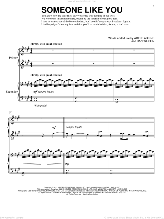 Someone Like You sheet music for piano four hands by Adele, Eric Baumgartner, Adele Adkins and Dan Wilson, intermediate skill level