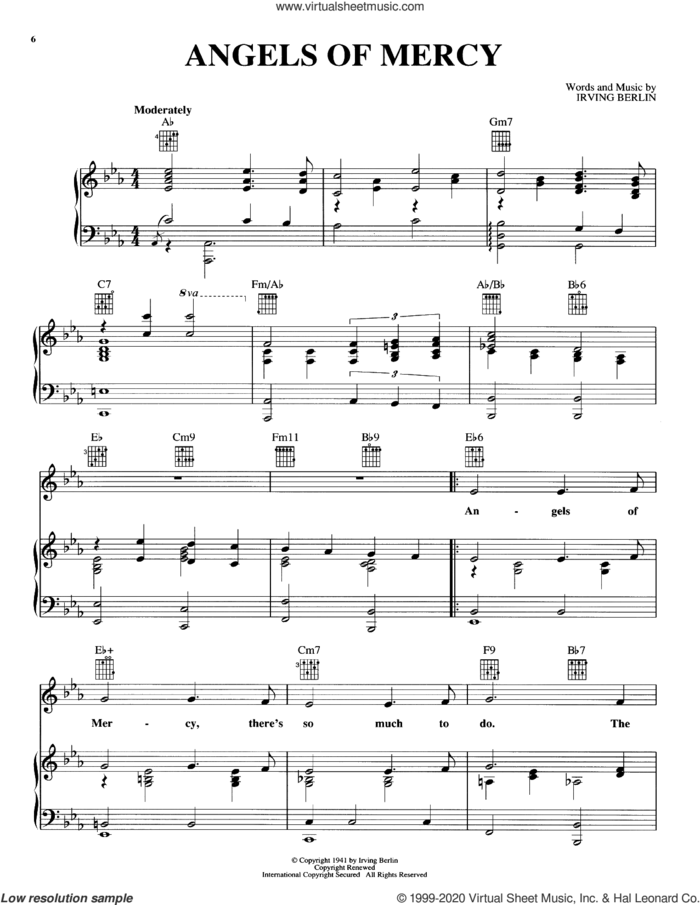 Angels Of Mercy sheet music for voice, piano or guitar by Irving Berlin, intermediate skill level