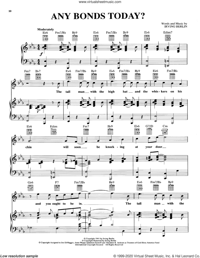 Any Bonds Today sheet music for voice, piano or guitar by Irving Berlin, intermediate skill level