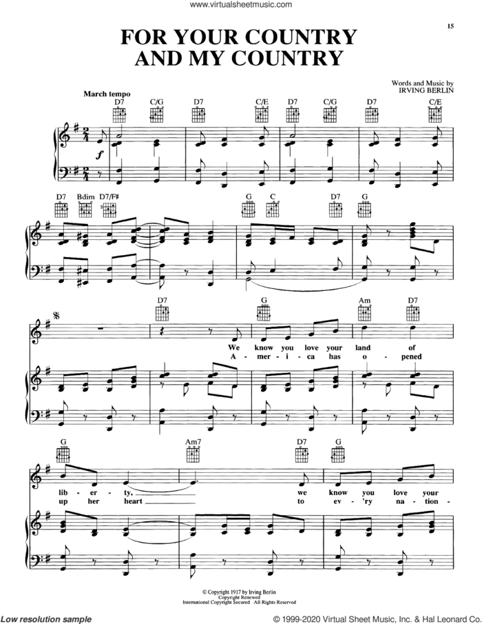For Your Country And My Country sheet music for voice, piano or guitar by Irving Berlin, intermediate skill level