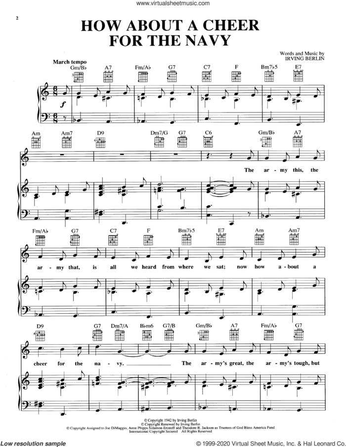 How About A Cheer For The Navy sheet music for voice, piano or guitar by Irving Berlin, intermediate skill level