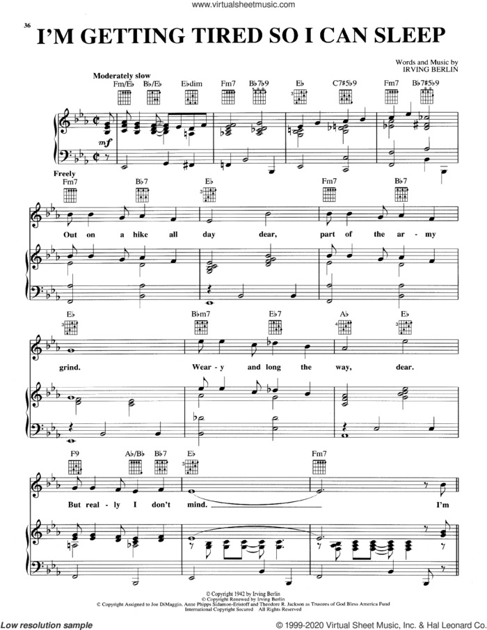 I'm Getting Tired So I Can Sleep sheet music for voice, piano or guitar by Irving Berlin, intermediate skill level